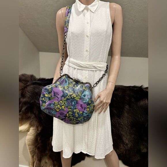 Original Design! Cowhide Leather Floral Print Handmade Metal Frame Slouchy Bag - Picture 7 of 16